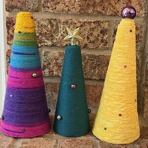 Set Of 3 Multi Color Rainbow Christmas Trees Cone Trees Yarn Rope Twine Trees
